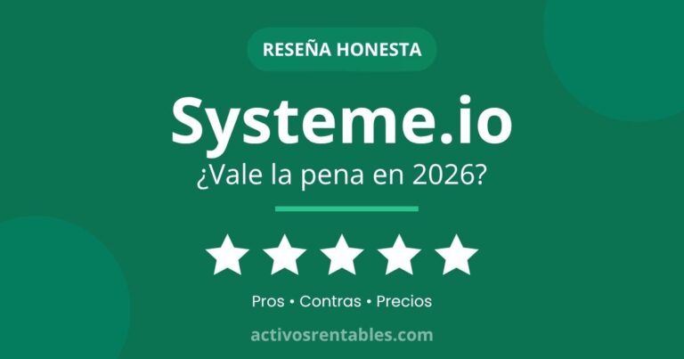 Reseña de Systeme.io para emprendedores latinoamericanos. Reseña honesta de Systeme.io 2026 con valoración de 5 estrellas sobre fondo verde esmeralda