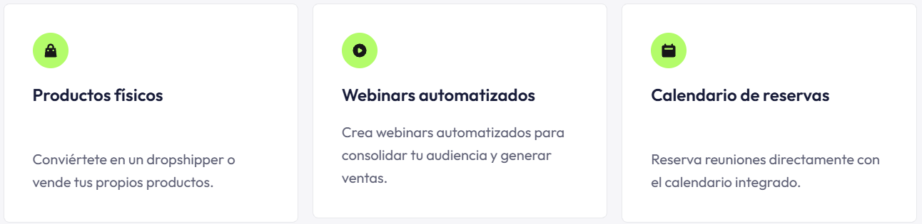 herramientas que incluye systeme.io como: productos ísicos, webinars, reservas