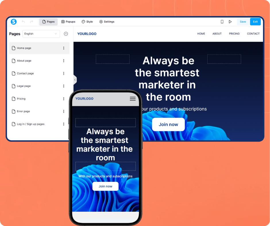 Empieza con las plantillas de systeme.io de sitio web probadas y acelera el proceso de creaciónPersonaliza cada detalle con nuestro sencillo editor de arrastrar y soltarIntegra tu lista de correo electrónico, sistema de pago y cursos en líneaCrea y añade un sitio web, y entrega tu contenido a tu audienciaOptimiza para motores de búsqueda con configuraciones SEO integradas para títulos, descripciones y palabras clave