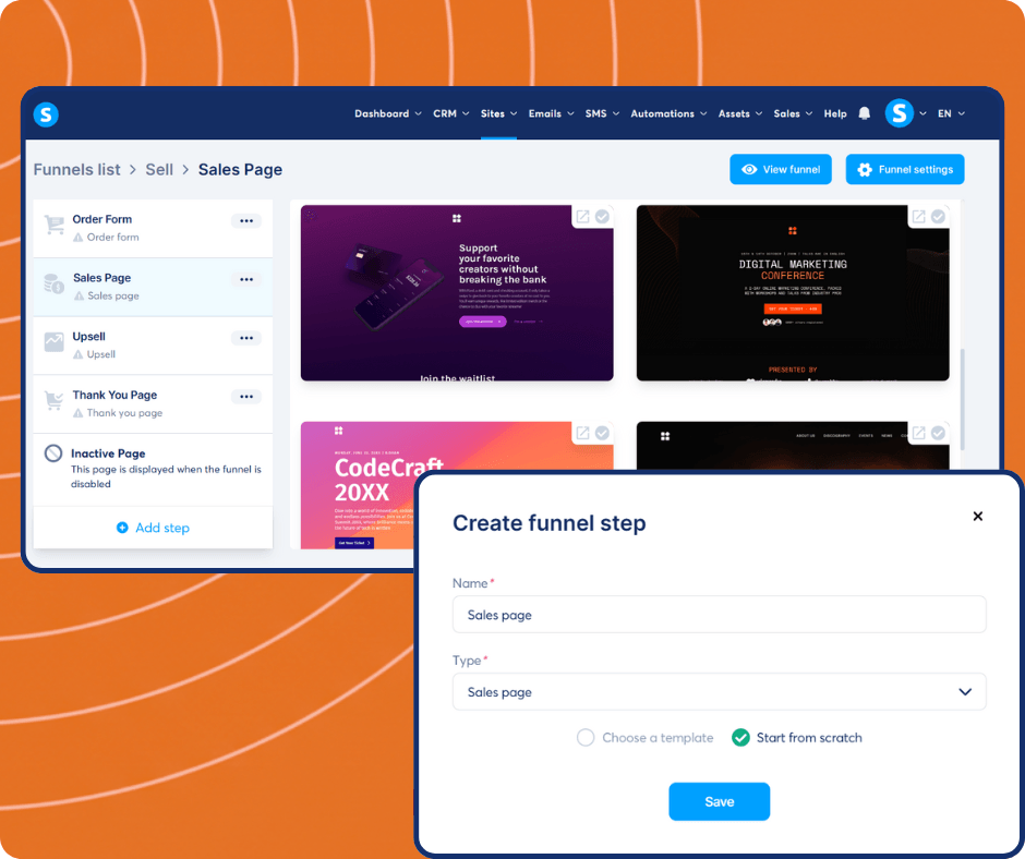 Crear paginas de tuneles de venta en minutos
Puedes empezar desde cero o seleccionar una de nuestras plantillas probadas para empezar al instante, luego personalizar cada detalle usando nuestro sencillo editor de arrastrar y soltar.