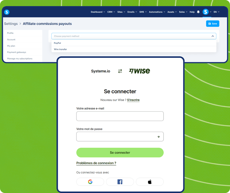 Configuración de método de pago a afiliados con PayPal o Wise en Systeme.io