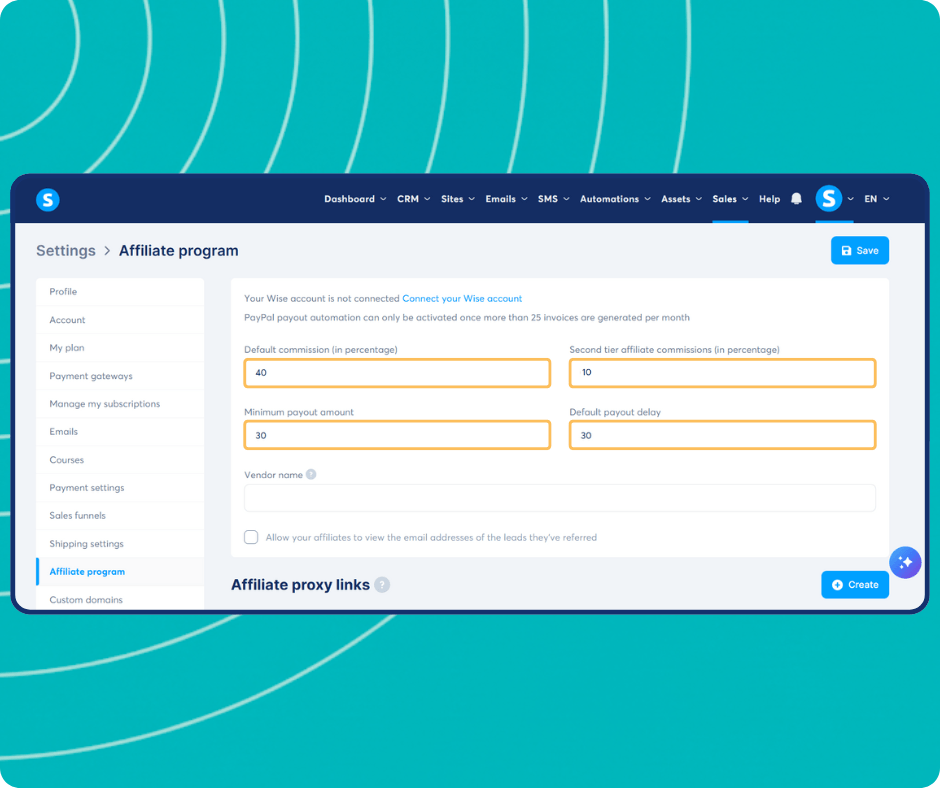 Panel de configuración del programa de afiliados en Systeme.io