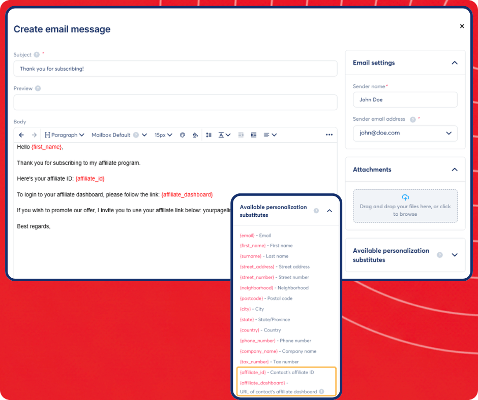 Email de bienvenida con enlace de afiliado en Systeme.io