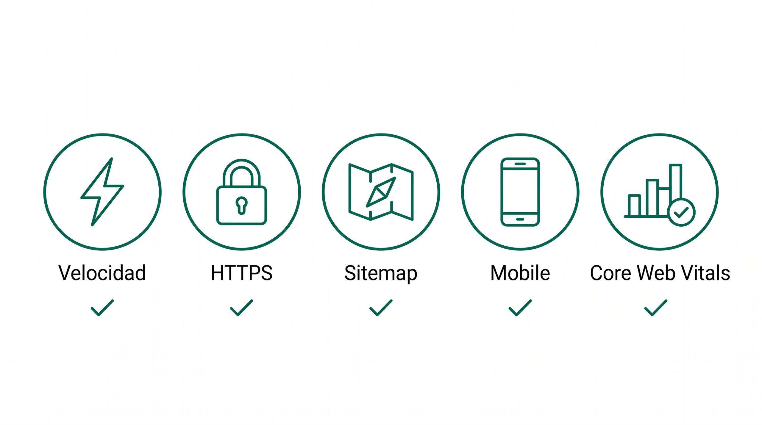 Checklist de los 5 elementos de SEO técnico para posicionar un blog en Google: velocidad, HTTPS, sitemap, mobile y Core Web Vitals