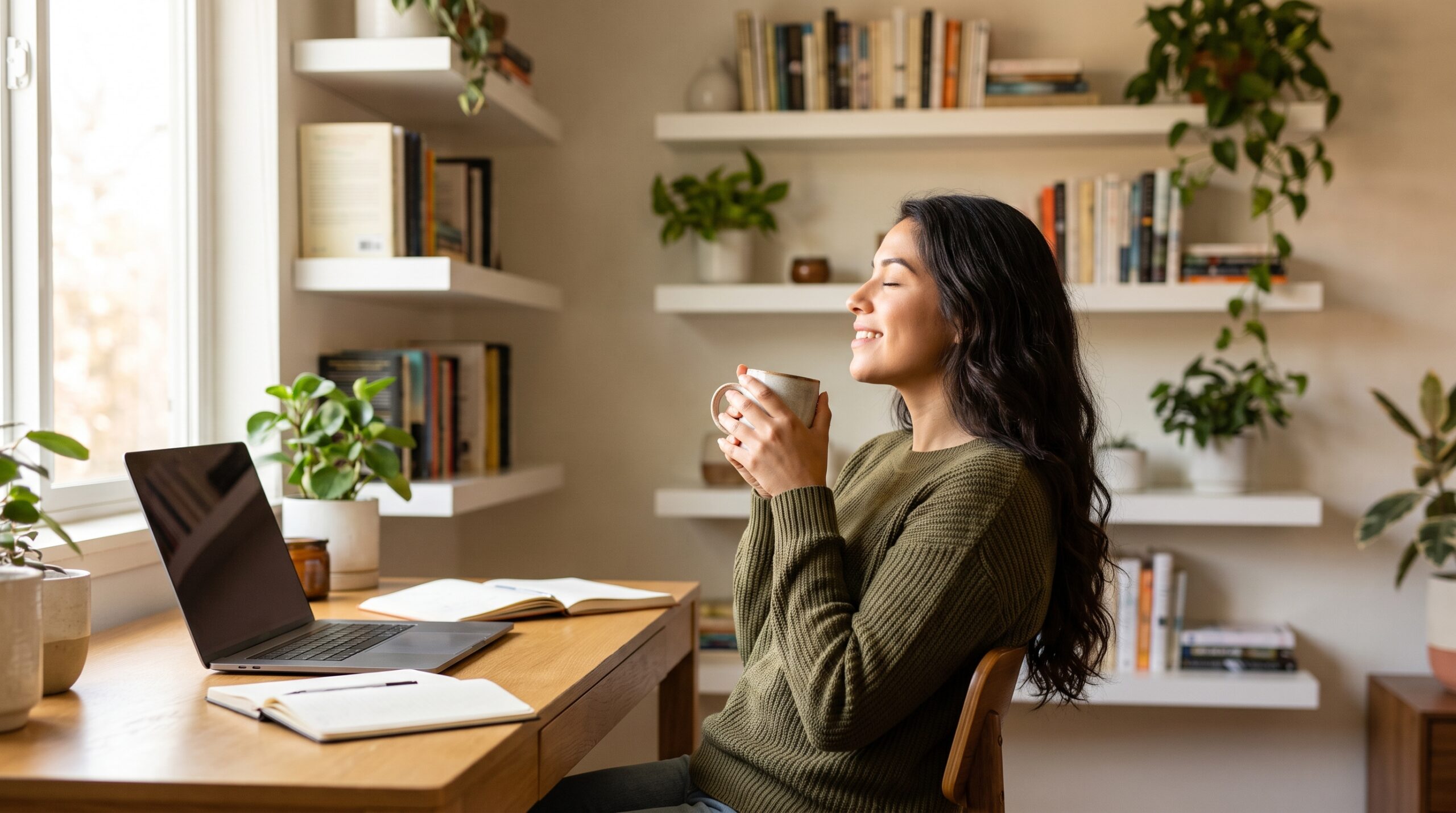 Mujer tomando una pausa con café después de organizar sus pagos de afiliado