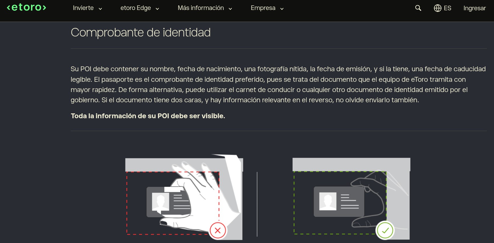Ilustración oficial de eToro mostrando cómo fotografiar correctamente tu documento de identidad
