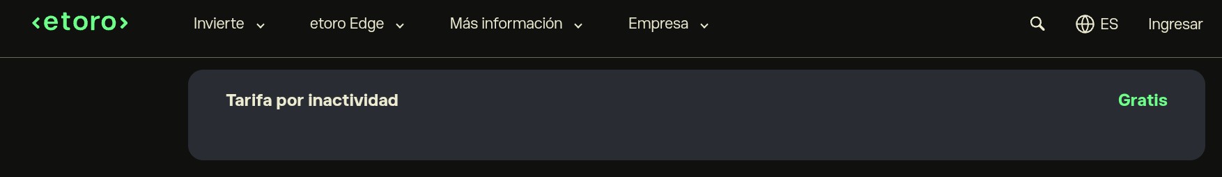 Página oficial de eToro confirmando que la tarifa por inactividad es gratuita
