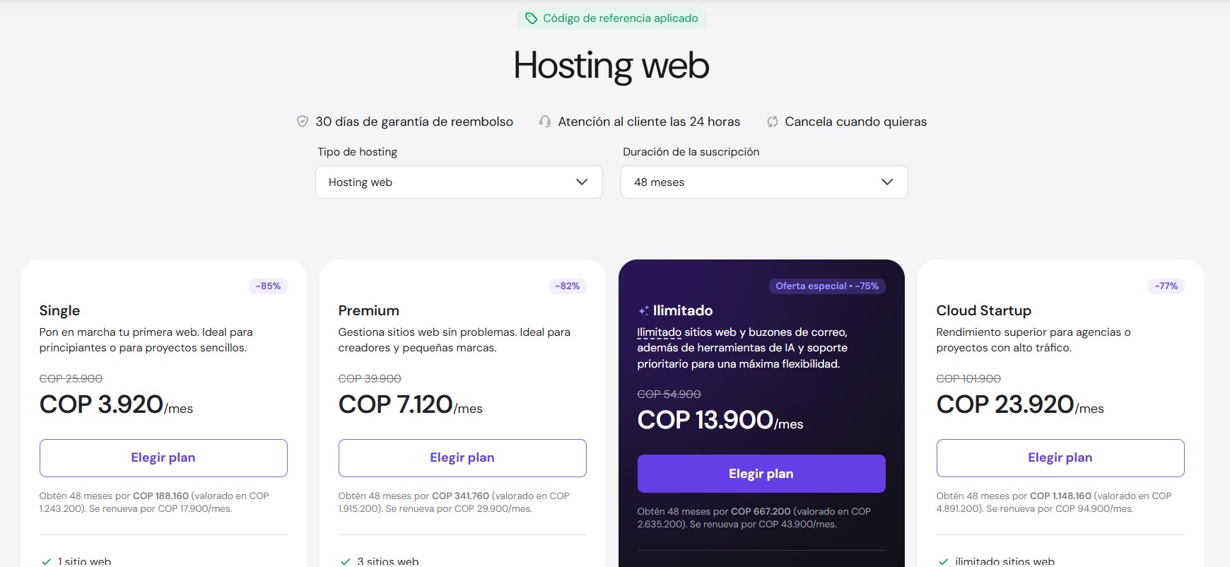 la página de planes de Hostinger (la vista de precios/comparación de planes)