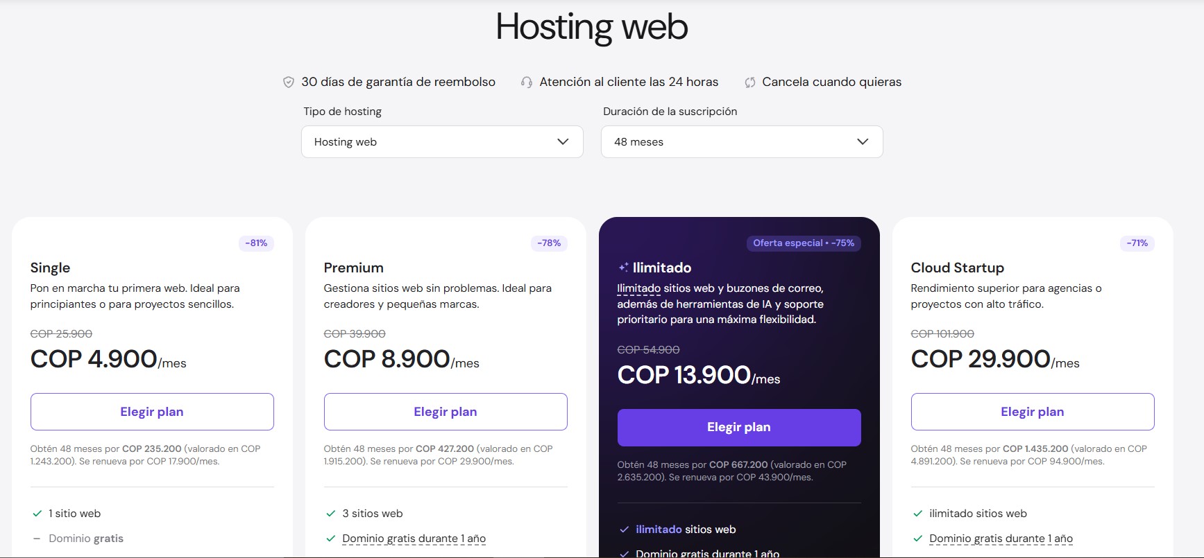 la página de planes de Hostinger (la vista de precios/comparación de planes)