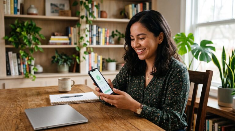 Mujer sonriendo al ver la confirmación de verificación de su cuenta de eToro en el teléfono