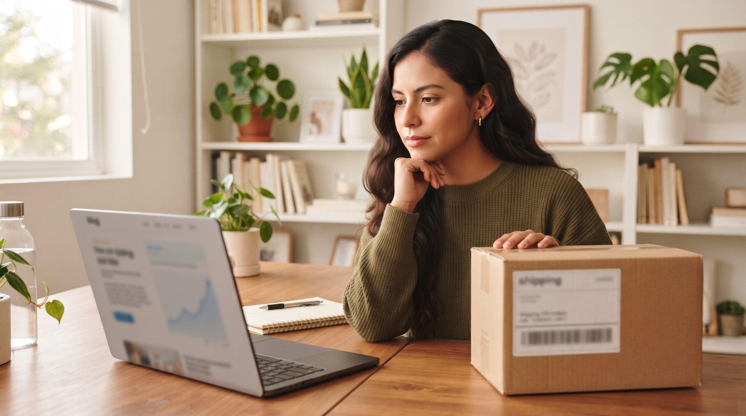 Emprendedora decidiendo entre marketing de afiliados y dropshipping