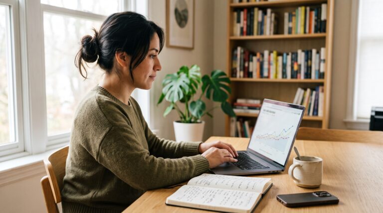 Mujer trabajando en su blog frente a una laptop con gráfico de crecimiento de tráfico, aplicando estrategias de cómo posicionar un blog en Google