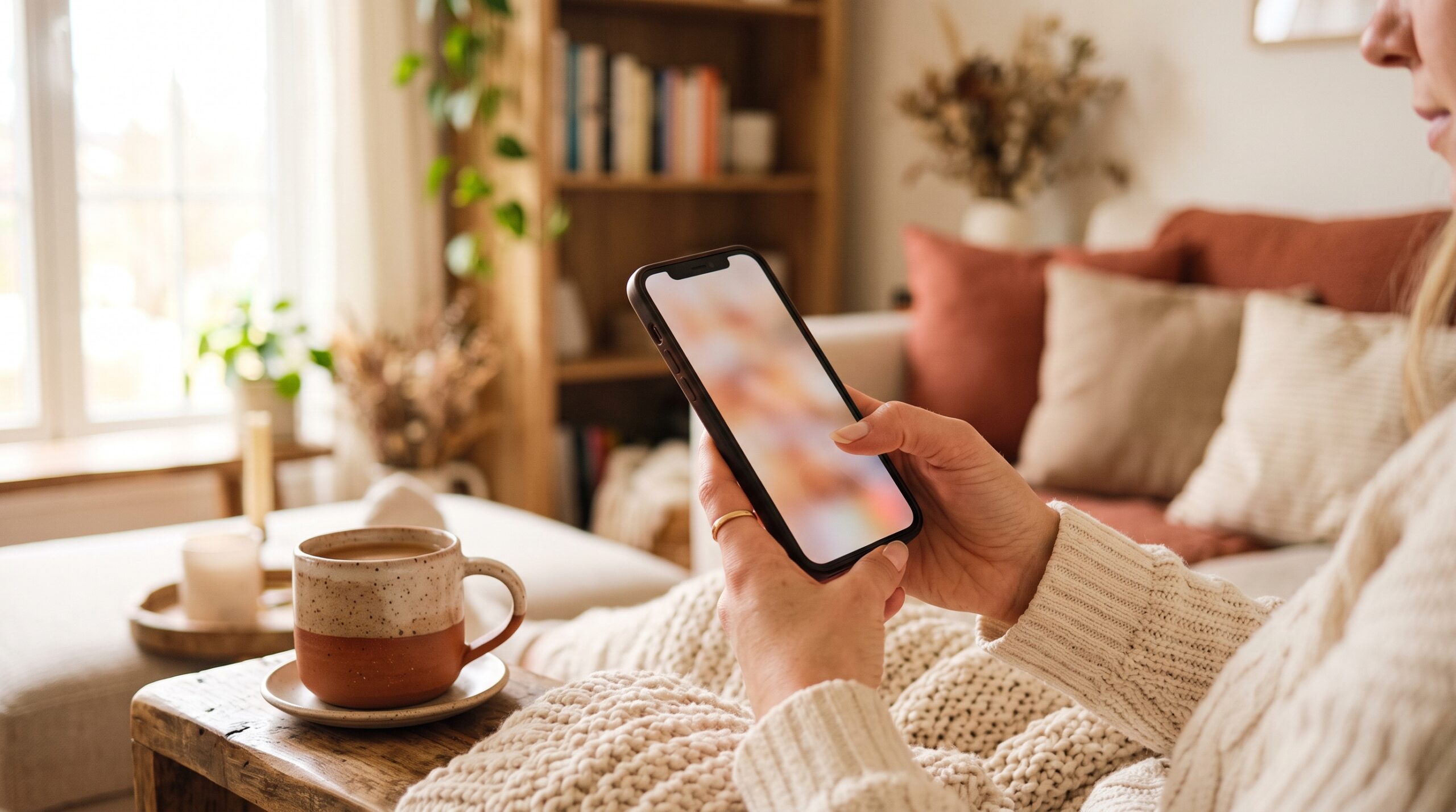 Persona revisando el celular con cuidado antes de compartir un enlace de afiliado en redes sociales