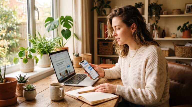 Mujer comparando un artículo de blog en su laptop con un mensaje de chat en su celular, pensando cómo compartir un enlace de afiliado sin parecer spam