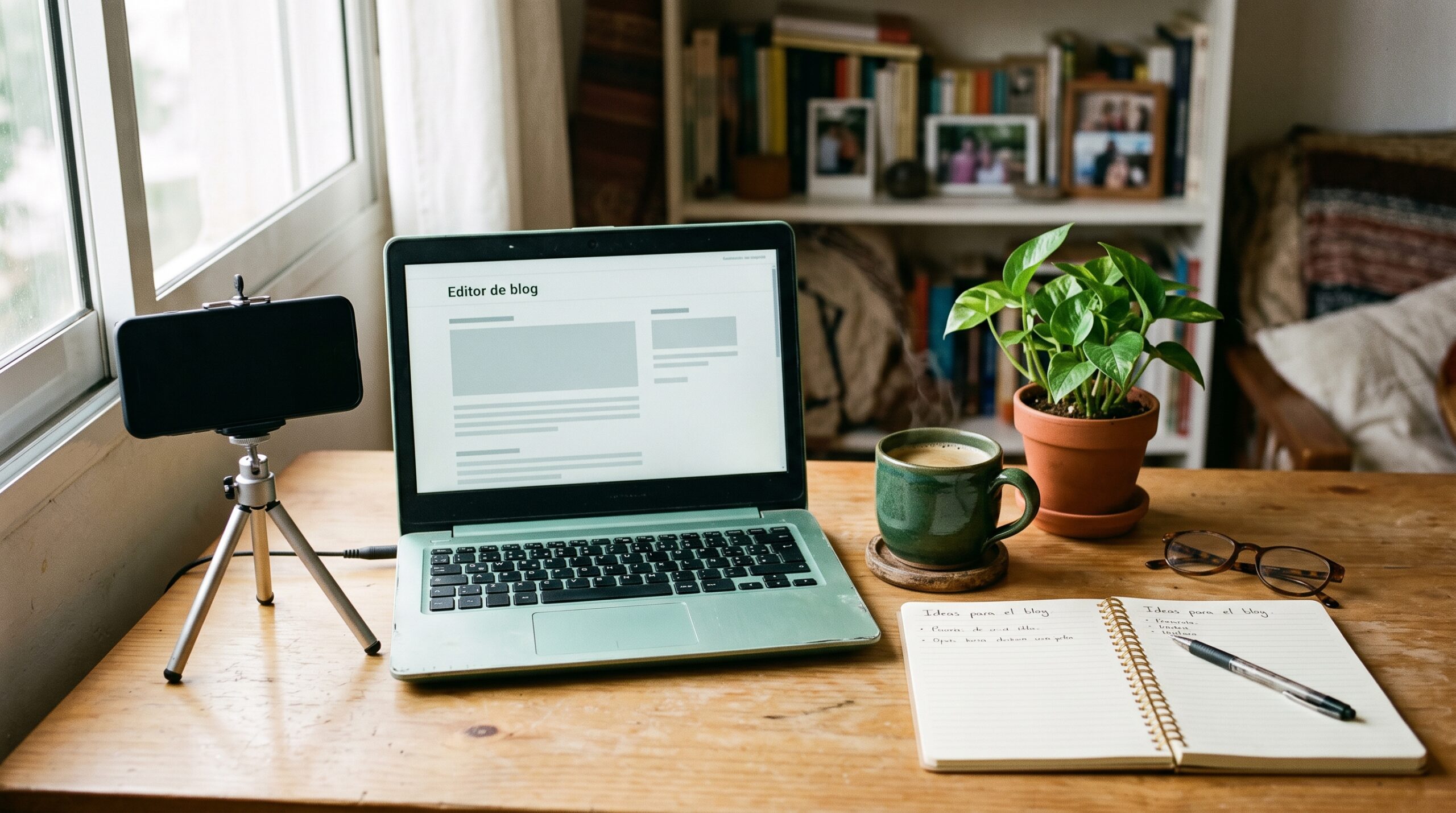 Escritorio con laptop mostrando editor de blog, teléfono en trípode y libreta con ideas para crear contenido de afiliados