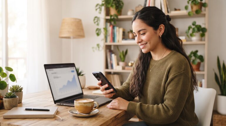 Mujer revisando en su teléfono un pago de marketing de afiliados, con laptop y café en su escritorio