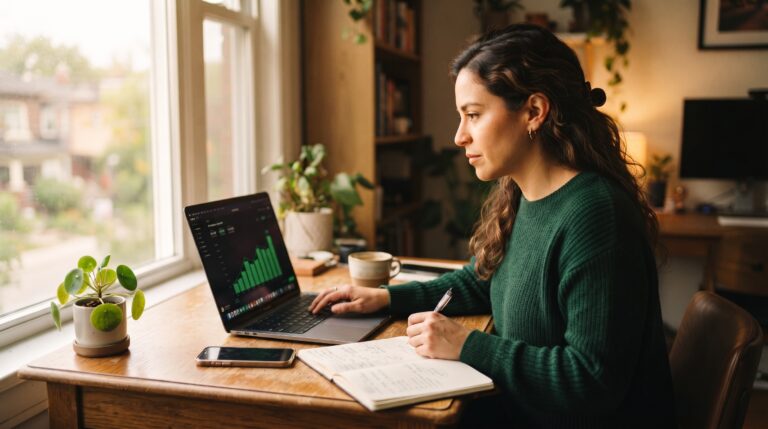 Mujer emprendedora digital analizando cuánto se gana con el marketing de afiliados en su laptop