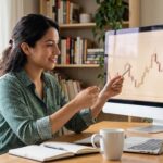 Mujer analizando un gráfico de velas de eToro Colombia en su computador de escritorio