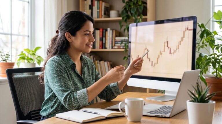 Mujer analizando un gráfico de velas de eToro Colombia en su computador de escritorio
