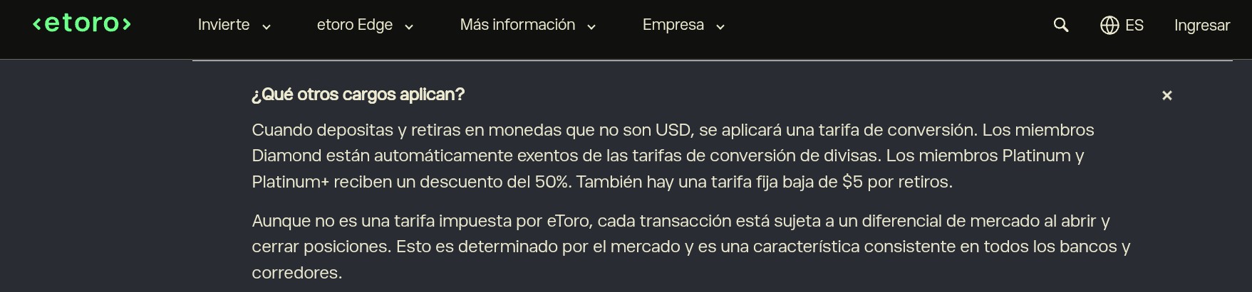 Respuesta oficial de eToro confirmando la comisión de retiro y el descuento de conversión por nivel de club