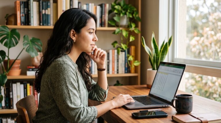 Mujer analizando con atención un desglose de comisiones en su laptop