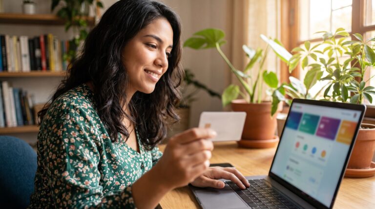 Mujer sosteniendo una tarjeta de débito frente a su laptop para depositar en eToro desde Colombia