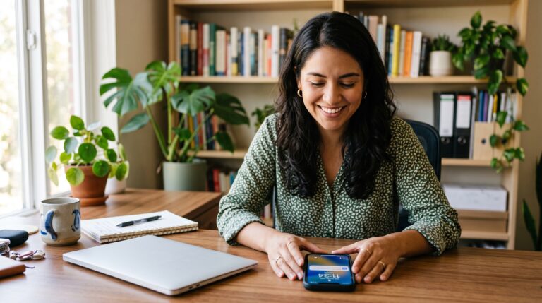 Mujer sonriendo al revisar la notificación de un retiro de eToro en su teléfono