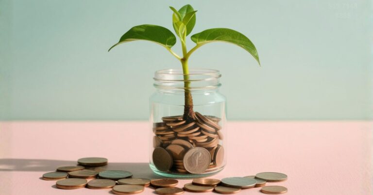 Interés compuesto: planta creciendo en un frasco con monedas, símbolo del crecimiento financiero en el tiempo