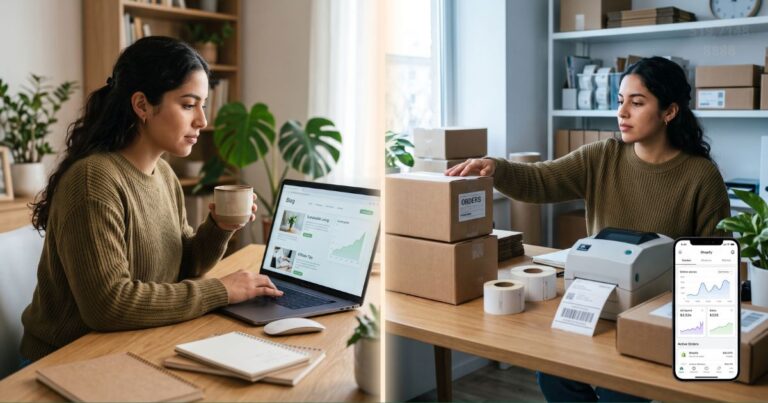 Marketing de afiliados vs dropshipping: mujer comparando ambos modelos de negocio online