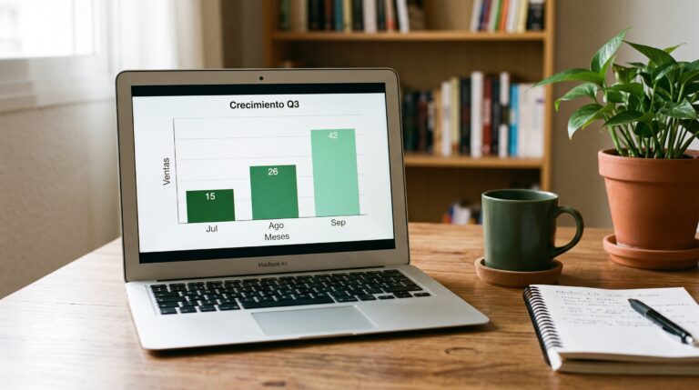 Laptop mostrando gráfico de crecimiento en ventas de programas de afiliados sobre escritorio de madera