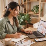 Mujer revisando su tablero de Pinterest en laptop mientras planifica el contenido de su blog