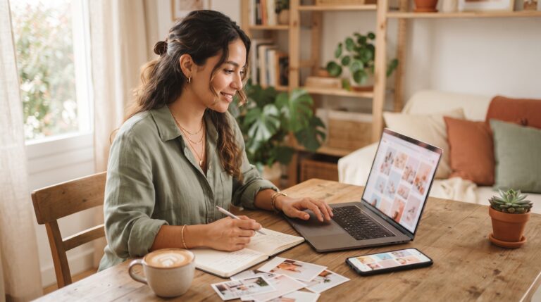 Mujer revisando su tablero de Pinterest en laptop mientras planifica el contenido de su blog