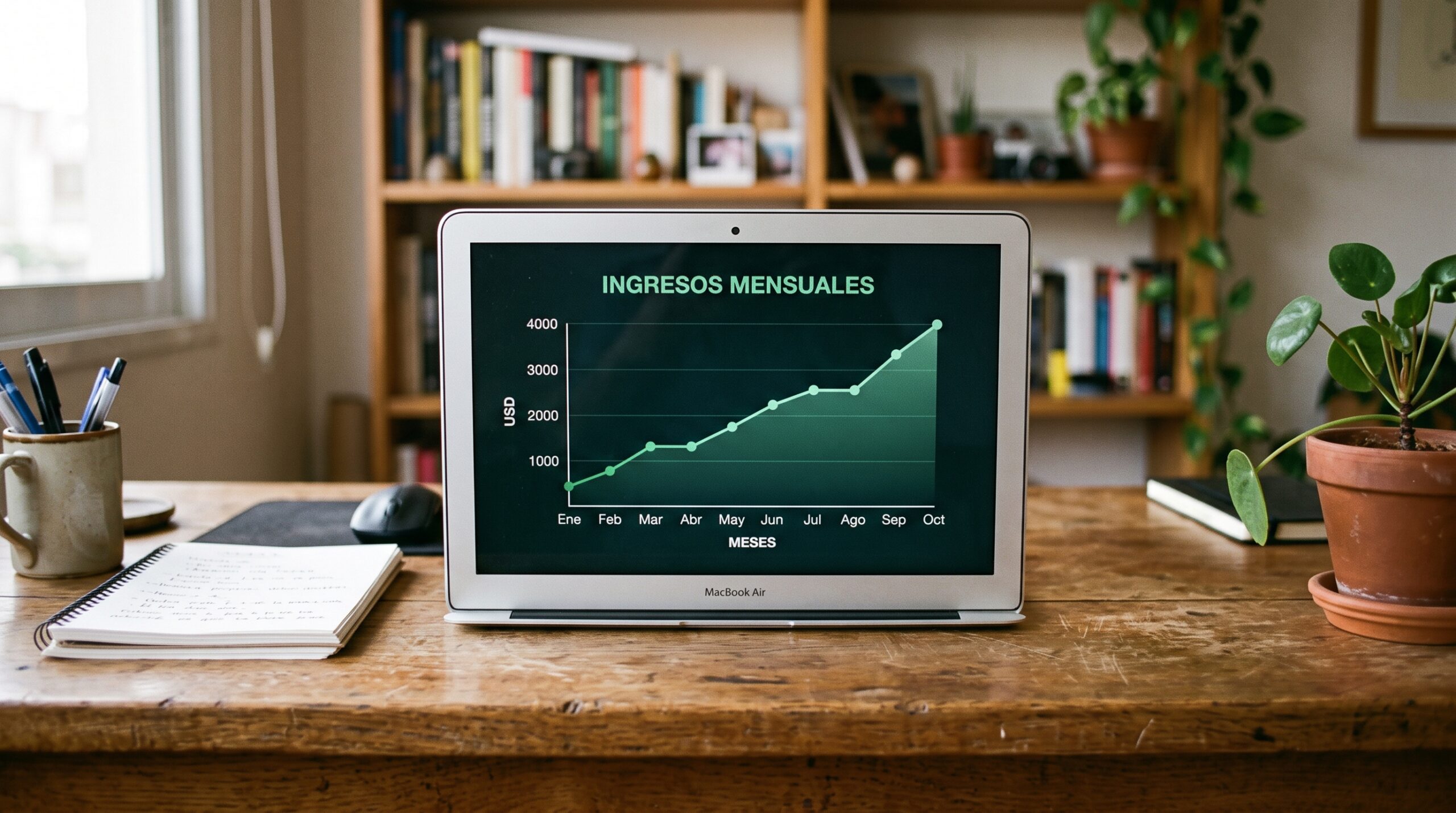 Gráfico de ingresos mensuales en dólares mostrando crecimiento constante de comisiones de afiliados