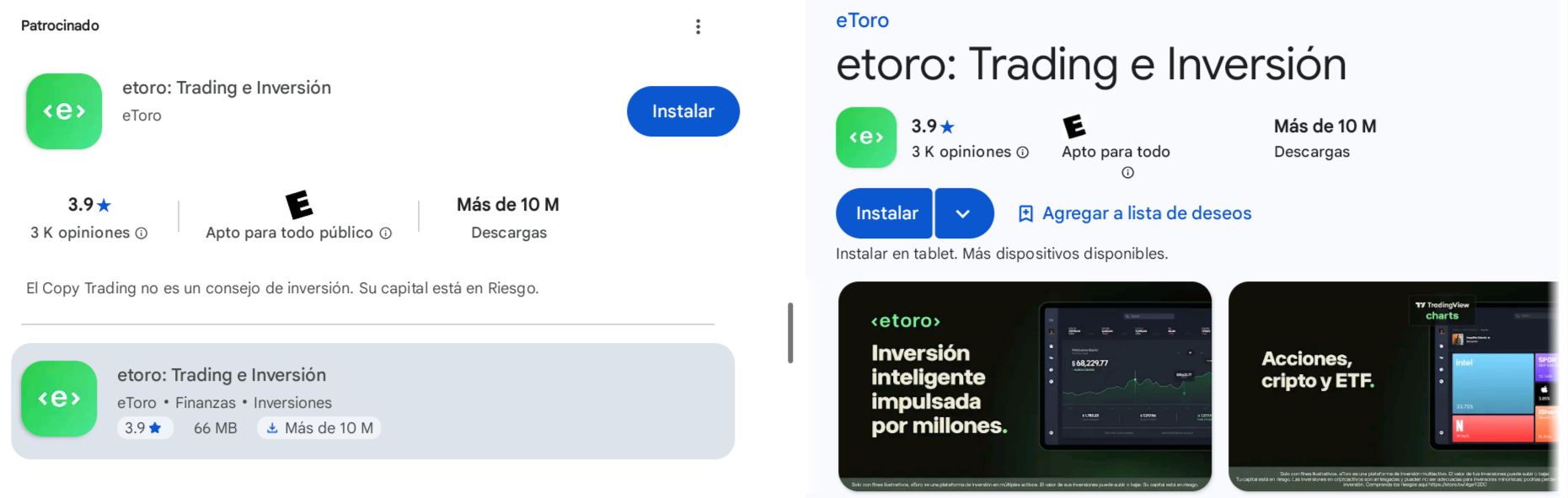 Captura de la app de eToro: Trading e Inversión en la play store para aprender como usar eToro desde el celular en Colombia