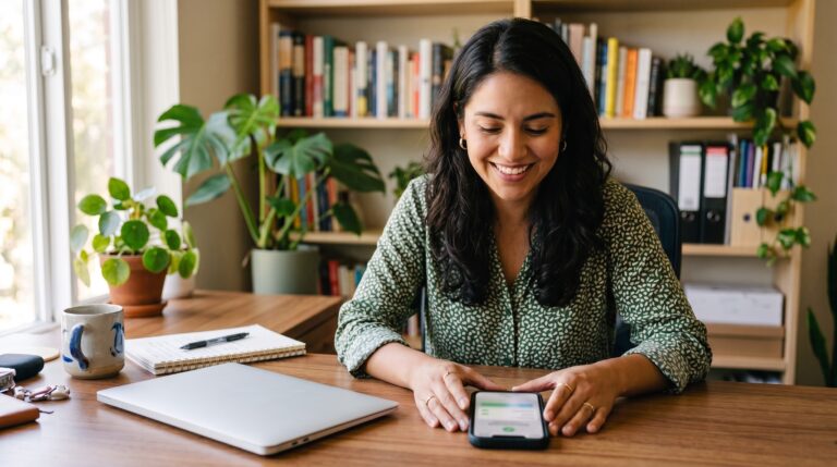 Mujer mira su teléfono, que muestra una notificación de confirmación de transferencia de la etoro wallet