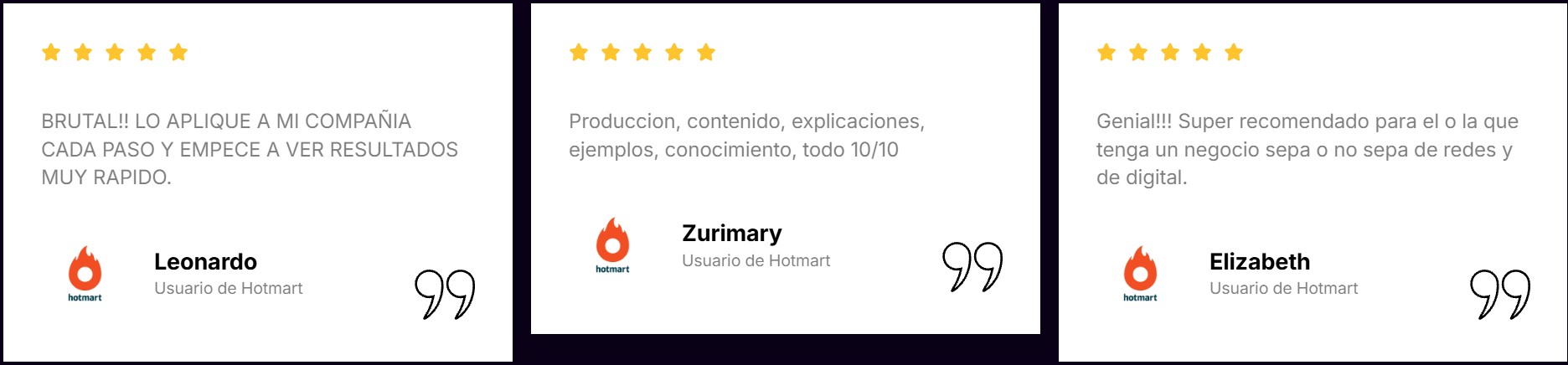 Testimonios reales de alumnos de Marketing Digital 360 de Diego Rocha en Hotmart con 5 estrellas - Leonardo, Zurimary y Elizabeth
