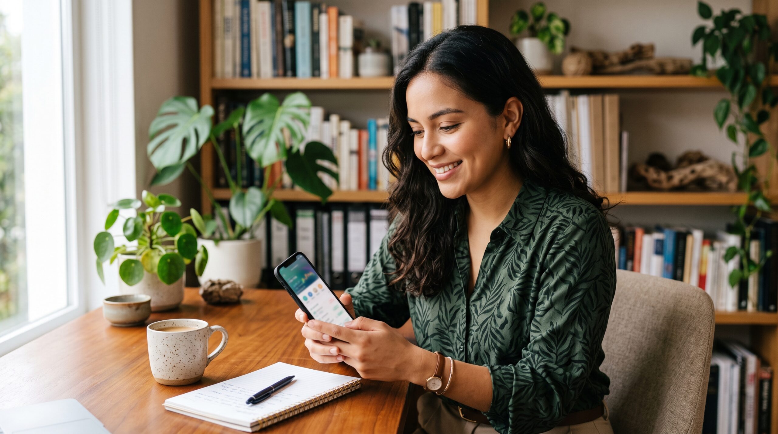 Mujer revisando una app bancaria móvil para depositar en pesos colombianos