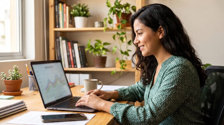 Mujer sonriendo mientras revisa un gráfico de criptomonedas en su laptop