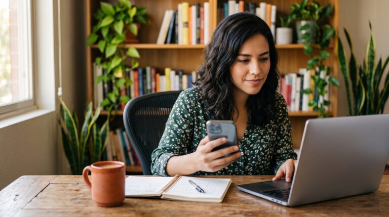 Mujer comparando eToro y Binance desde su teléfono y laptop