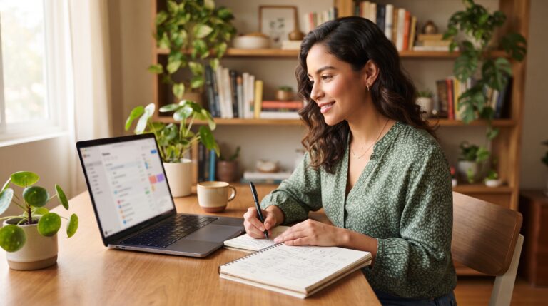 Mujer sonriendo mientras compara opciones y toma notas en su escritorio